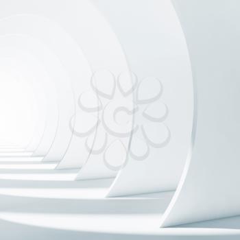 Abstract blue white corridor with round sections. Minimal architecture background. Square 3d render illustration