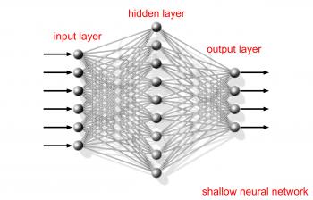 Shallow artificial neural network, schematic structure with layers text labels on white background