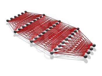 Deep artificial neural network structure with red links between layers, model isolated on white, 3d illustration