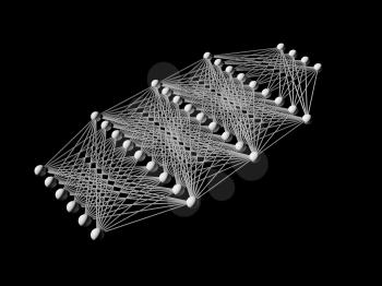 Artificial deep neural network, schematic model isolated on black, 3d render