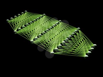Artificial deep neural network with green links, schematic model isolated on black, 3d illustration