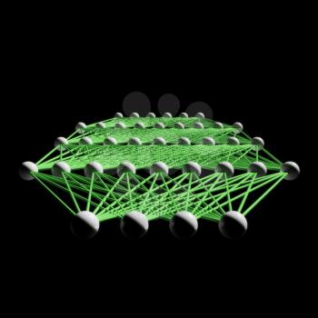 Artificial deep neural network with bright green links, schematic model isolated on black, 3d illustration