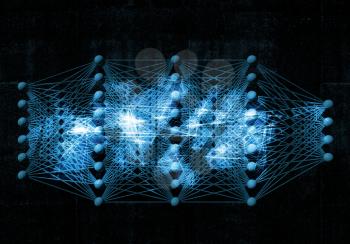 Artificial deep neural network, digital blue background, 3d illustration