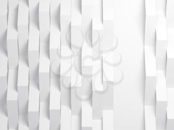 Abstract white background with vertical paper stripes and blank place on wall. 3d illustration