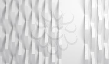 Abstract white digital background with vertical paper stripes and blank place on wall. 3d render illustration