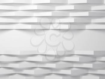 Abstract white digital background, pattern of bent paper stripes over wall with blank place. 3d render illustration