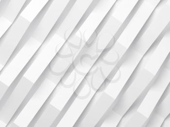 Abstract white digital background pattern, corners of diagonal paper stripes over wall. 3d render illustration