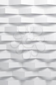 Abstract white digital background pattern, corners of paper stripes over wall. Vertical 3d render illustration