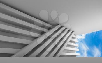 Abstract white empty interior with geometric installation and blue cloudy sky. 3d illustration