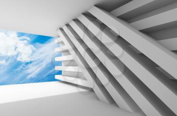Abstract white empty interior with blue cloudy sky in empty window opening. 3d illustration