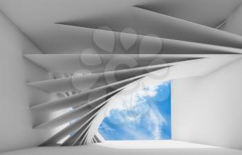 Abstract white empty interior with geometric installation and blue cloudy sky in empty window opening. 3d render illustration