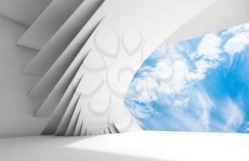 Abstract white empty interior with geometric installation and blue cloudy sky in window opening. 3d illustration