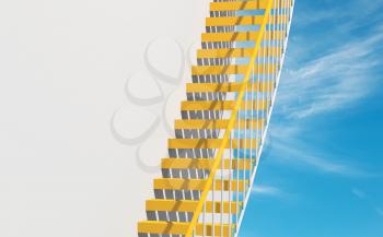 Modern architecture background, yellow metal stairs goes over round white wall, 3d illustration