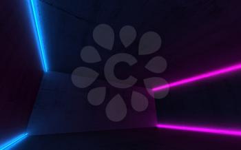 Abstract interior background with colorful neon lights in empty dark concrete room, 3d render illustration
