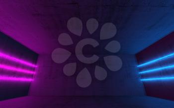 Abstract dark interior background with colorful neon lights mounted on walls of empty concrete room, 3d render illustration