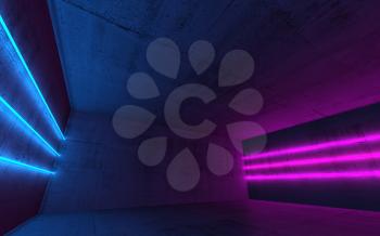 Abstract dark interior background with colorful neon lights in empty concrete room, 3d render illustration