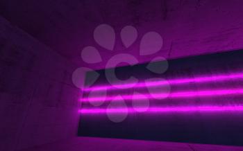 Abstract empty dark concrete interior with bright purple neon light lines, 3d render illustration