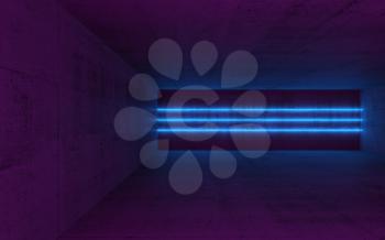 Abstract empty dark concrete interior with blue neon light lines, 3d render illustration