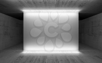 Abstract concrete interior background with empty white banner and neon lights, front view. 3d render illustration
