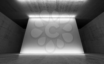 Abstract concrete interior background with empty white banner and neon lights, front view. 3d illustration