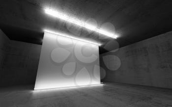 Abstract concrete interior, empty white banner installation illuminated with neon light lines, 3d render illustration