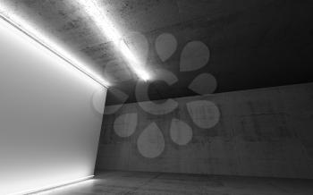 Abstract concrete interior background, empty white banner with neon light lines, 3d render illustration