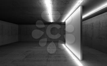 Abstract concrete interior, empty white banner stand illuminated with neon light lines, 3d render illustration