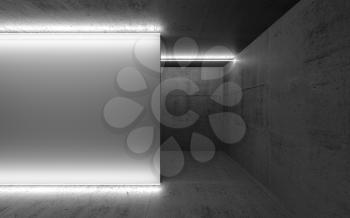 Abstract concrete interior, empty white banner illuminated with neon light lines, 3d render illustration