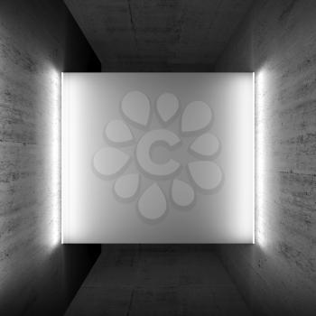 Abstract empty dark concrete interior, white blank banner with neon light lines on sides, square 3d render illustration