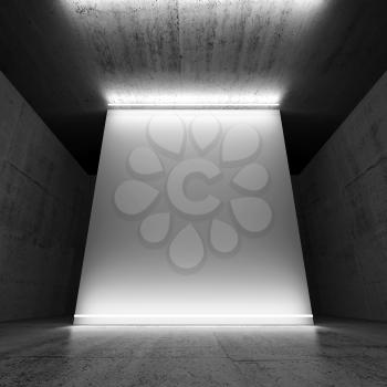 Abstract empty dark concrete interior, white blank banner illuminated with neon light lines, square 3d render illustration