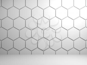 Abstract white interior background with hexagonal pattern on front wall, 3d illustration