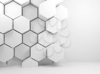 Abstract blank white interior background with hexagon pattern and copy space on front wall, 3d render illustration