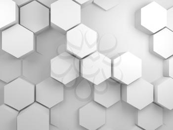 Abstract empty white interior background with hexagon pattern on front wall, 3d render illustration