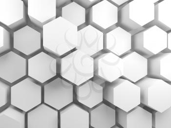 Abstract blank white interior background with hexagon blocks on wall, 3d render illustration