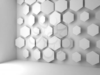 Abstract blank white interior background with hexagonal installation on wall, 3d render illustration