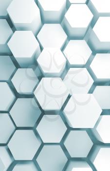 Abstract digital background with extruded hexagon pattern on wall, vertical 3d render illustration