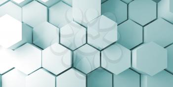 Abstract digital background with extruded hexagons pattern on wall, blue toned 3d illustration