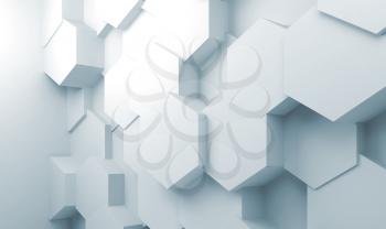 Abstract interior background with extruded hexagons pattern on wall, 3d illustration