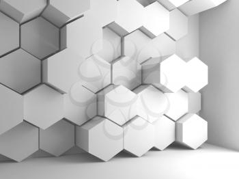 Abstract blank white interior background with hexagonal pattern installation on wall, 3d render illustration