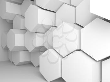 Abstract blank white interior background with hexagons installation on wall, 3d render illustration