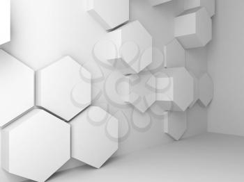 Abstract blank white interior background with hexagonal pattern, 3d render illustration