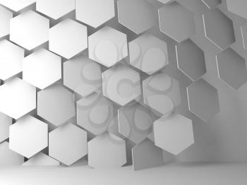 Abstract blank white interior background with hexagon pattern installation, 3d render illustration