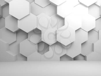 Abstract blank white interior background with hexagon pattern on front wall, 3d render illustration