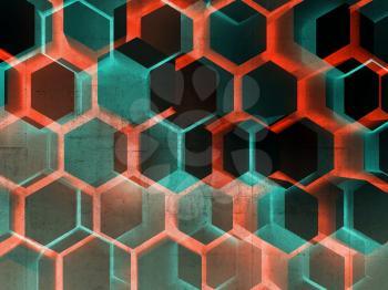Abstract dark digital background with colorful hexagonal pattern and concrete texture, multi exposure effect, 3d render illustration