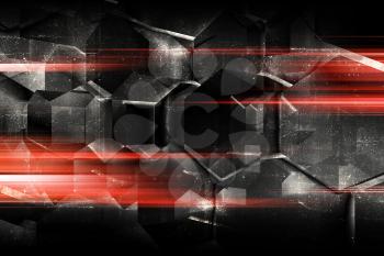 Abstract dark digital background with concrete hexagonal pattern and red lights, multi exposure effect, 3d render illustration