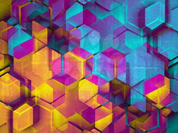 Abstract colorful digital background with hexagonal pattern, multi exposure effect, 3d illustration