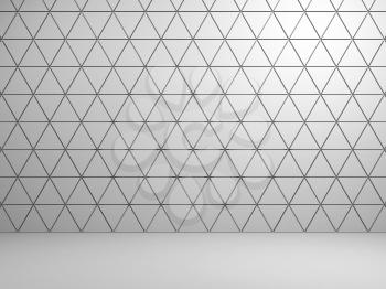 Abstract white interior background with triangles pattern on front wall, 3d illustration