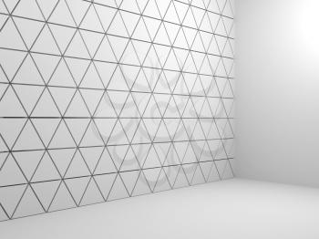 Abstract empty white interior background with triangles pattern on wall, 3d render illustration