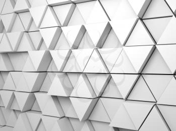 Abstract white background pattern with regular extruded triangles pattern on wall, 3d render illustration

