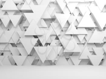 Abstract empty white interior background with random triangles installation on front wall, 3d illustration